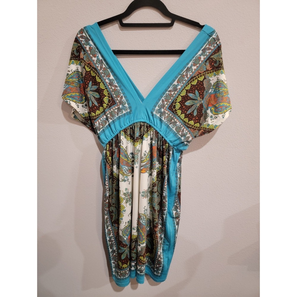 Bailey Blue Paisley PRINT deep V-Neck Tunic Stretchy‎ Mini Dress women's M